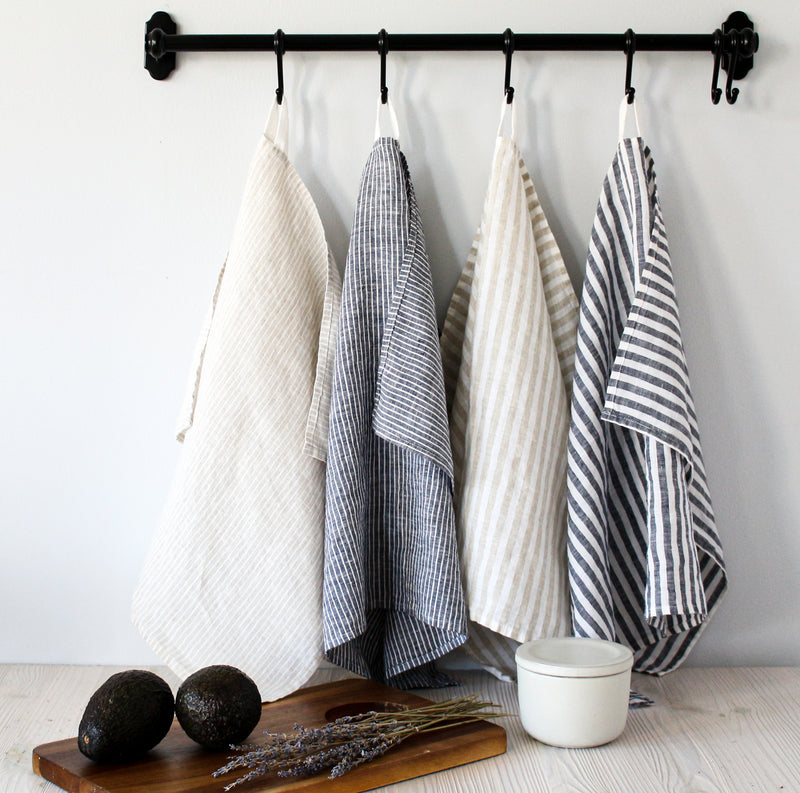 Dark Grey Stripe Linen Hand Towels (Set of 2)