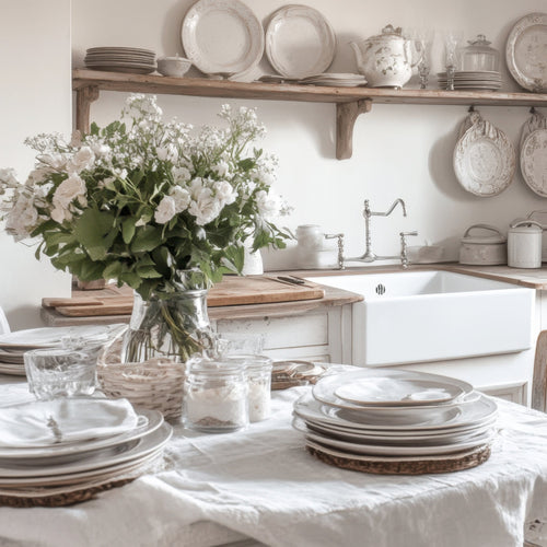 Natural linen and cotton kitchen textiles, including napkins, towels, runners, and tablecloths, styled in a warm, minimal kitchen.