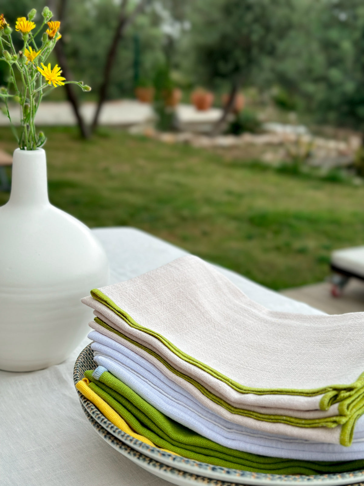 Sky Blue Cotton Napkin with Handcrafted Green Edges