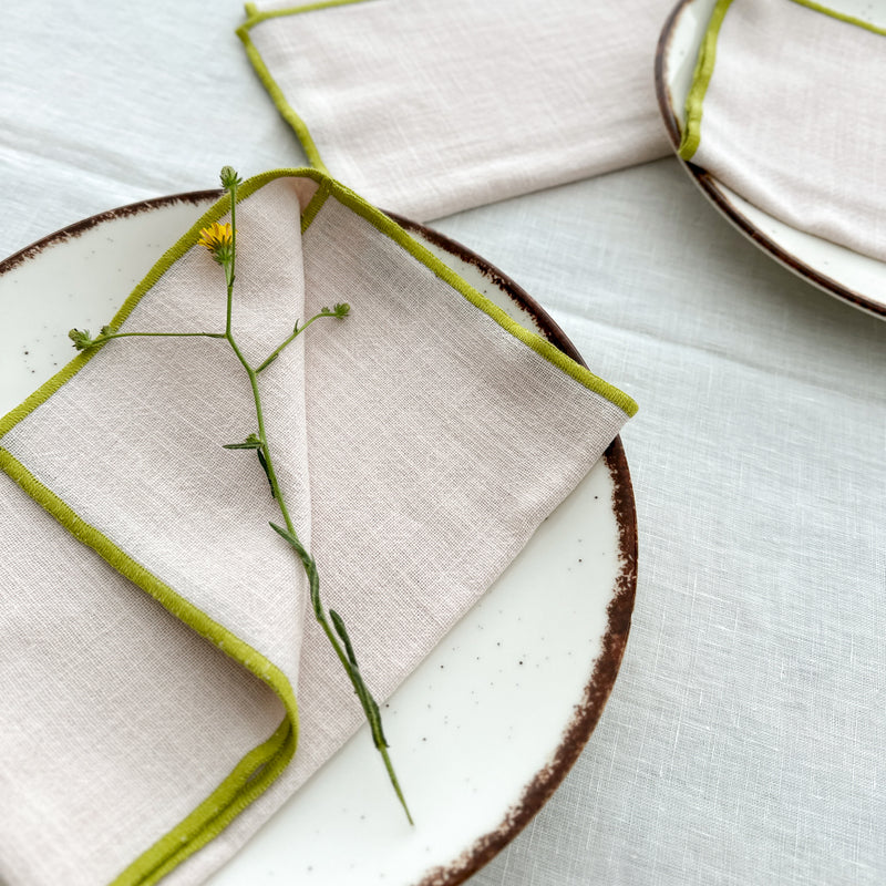 Natural Cotton Napkin with Handcrafted Green Edges - Set of 2 or 4