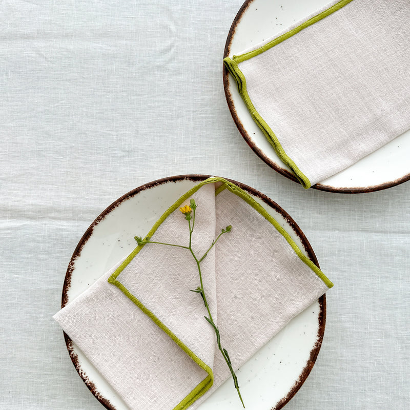 Natural Cotton Napkin with Handcrafted Green Edges - Set of 2 or 4