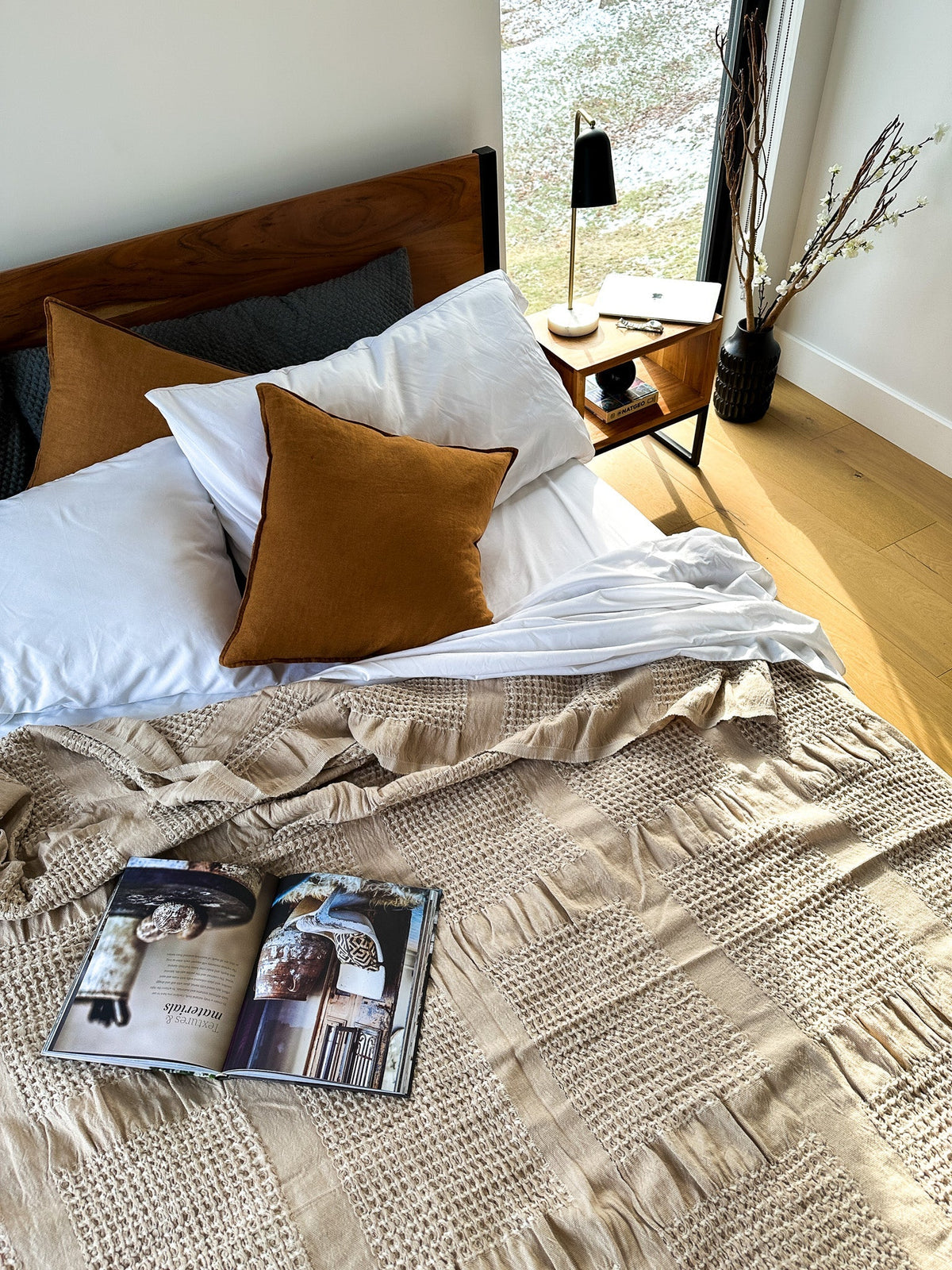 Latte Brown Soft Waffle Blanket with Fringes