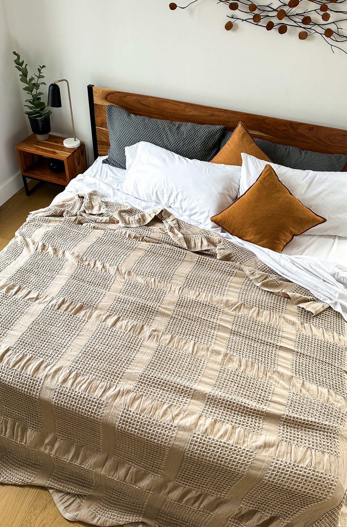 Latte Brown Soft Waffle Blanket with Fringes