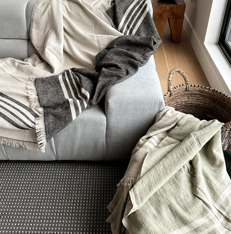 Striped Linen Throw Blanket for Couch and Bed
