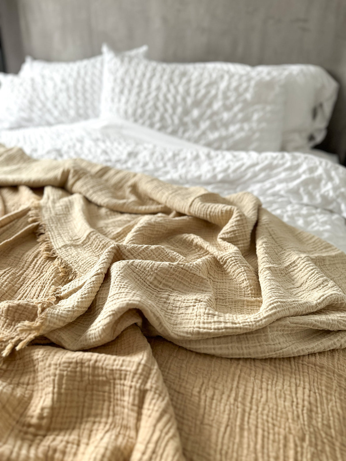 Mustard Natural Reversible Blanket with Fringes