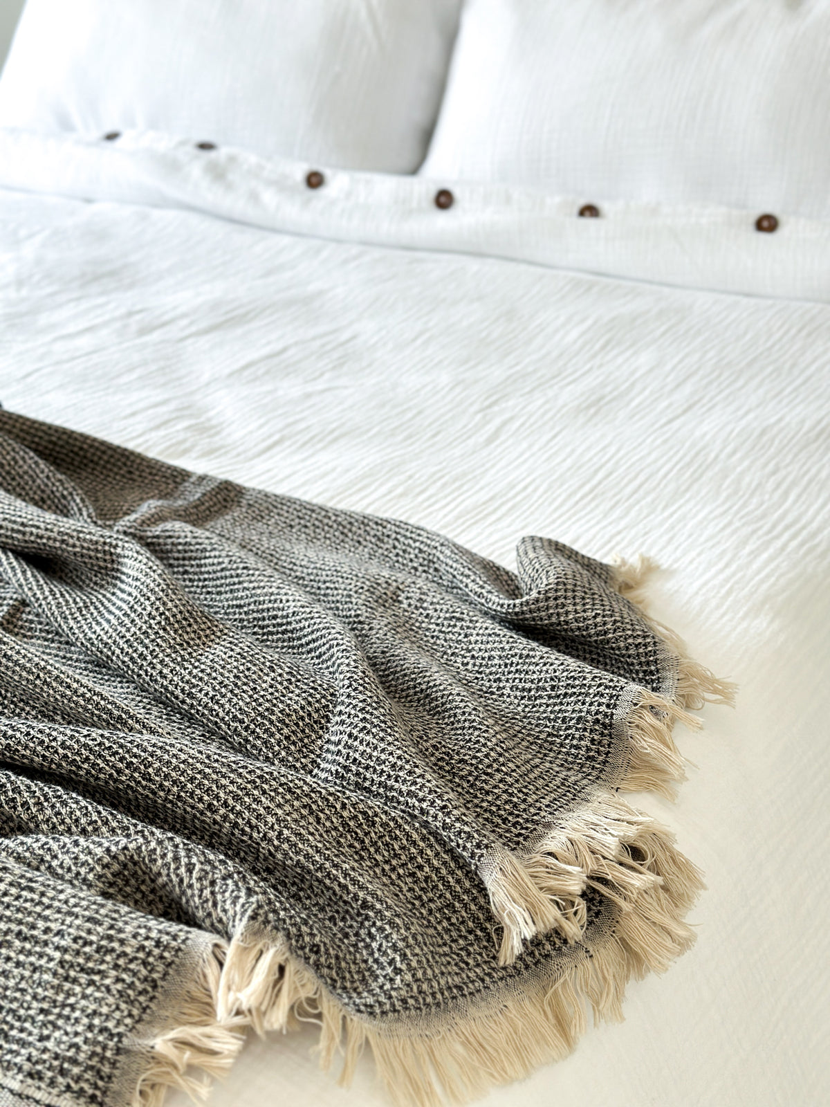 Soft Black Waffle Throw – Soft Textured Cotton Blanket in Earthy Tones