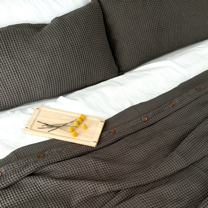 Gary organic waffle pillow case set with a matching waffle duvet cover. 