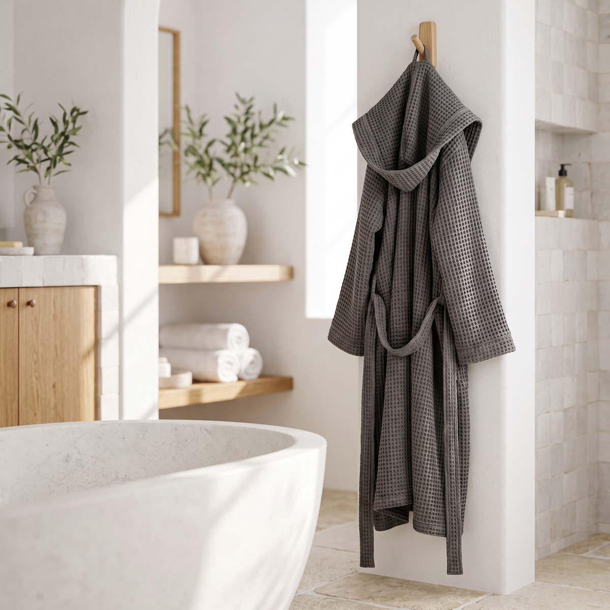 Gray Organic Waffle Hooded Bathrobe