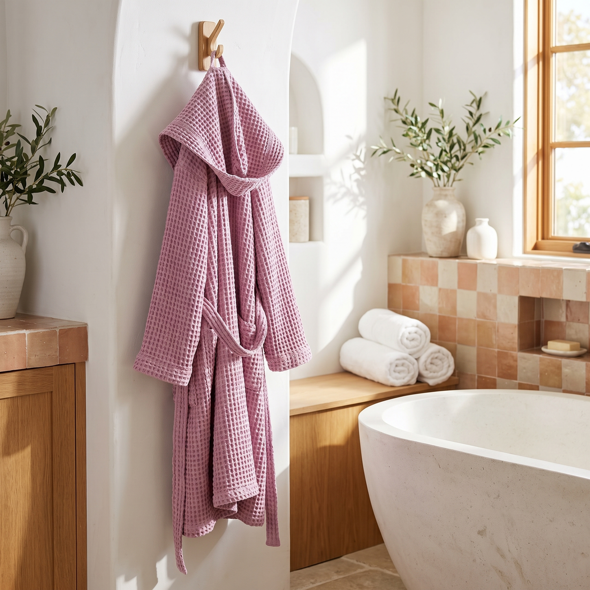 Woodrose Organic Waffle Hooded Bathrobe