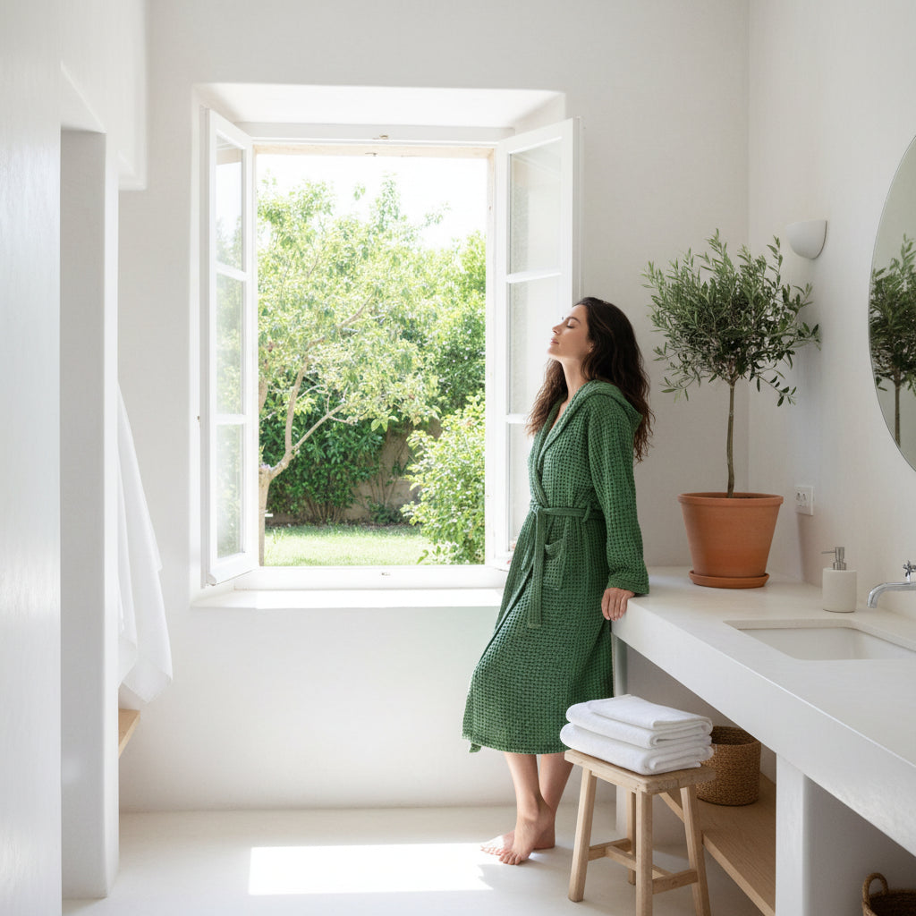 Organic Waffle Hooded Bathrobe in Various Colors