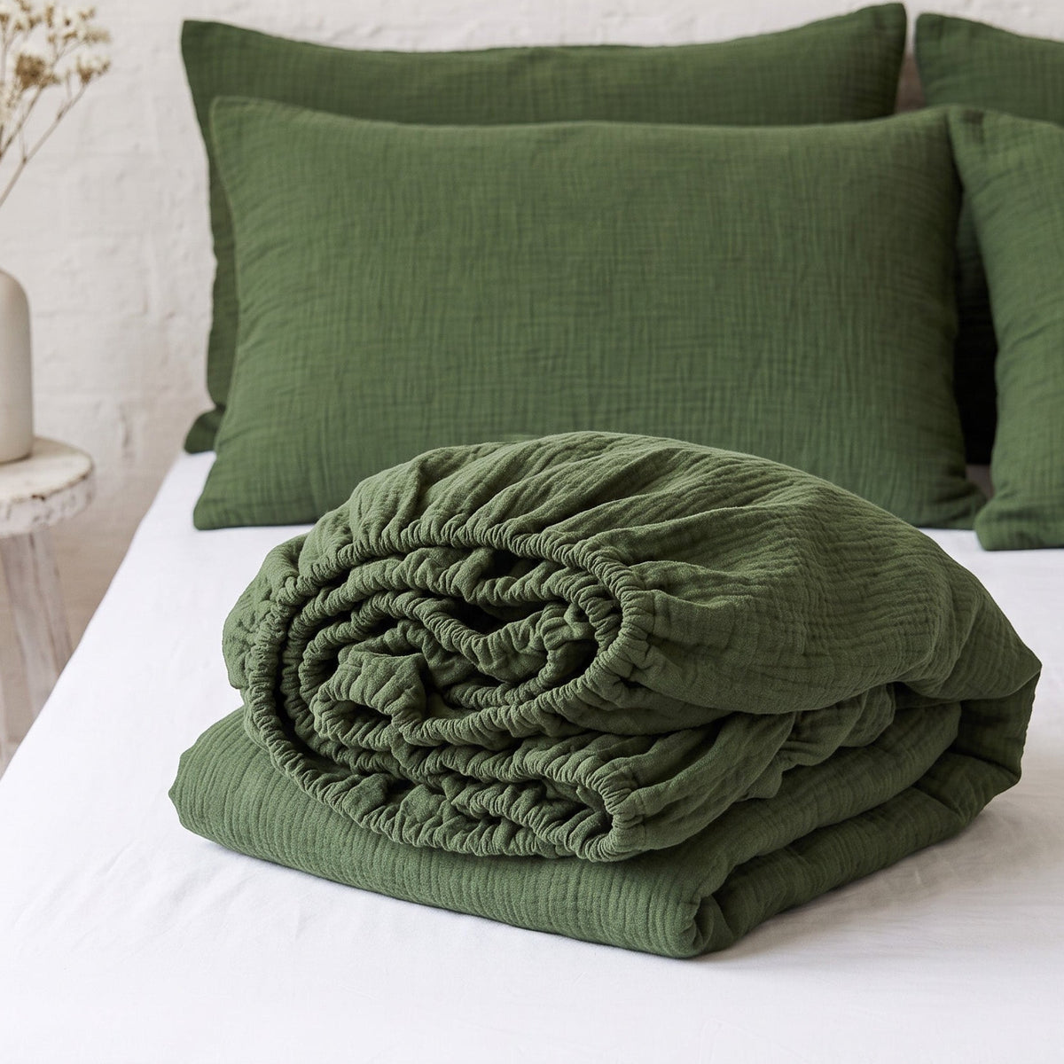 Organic Cotton Gauze Fitted Sheet – Forest Green