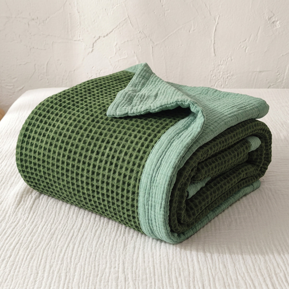 Organic Waffle and Muslin Blanket – Double Sided - Forest Mint Green
