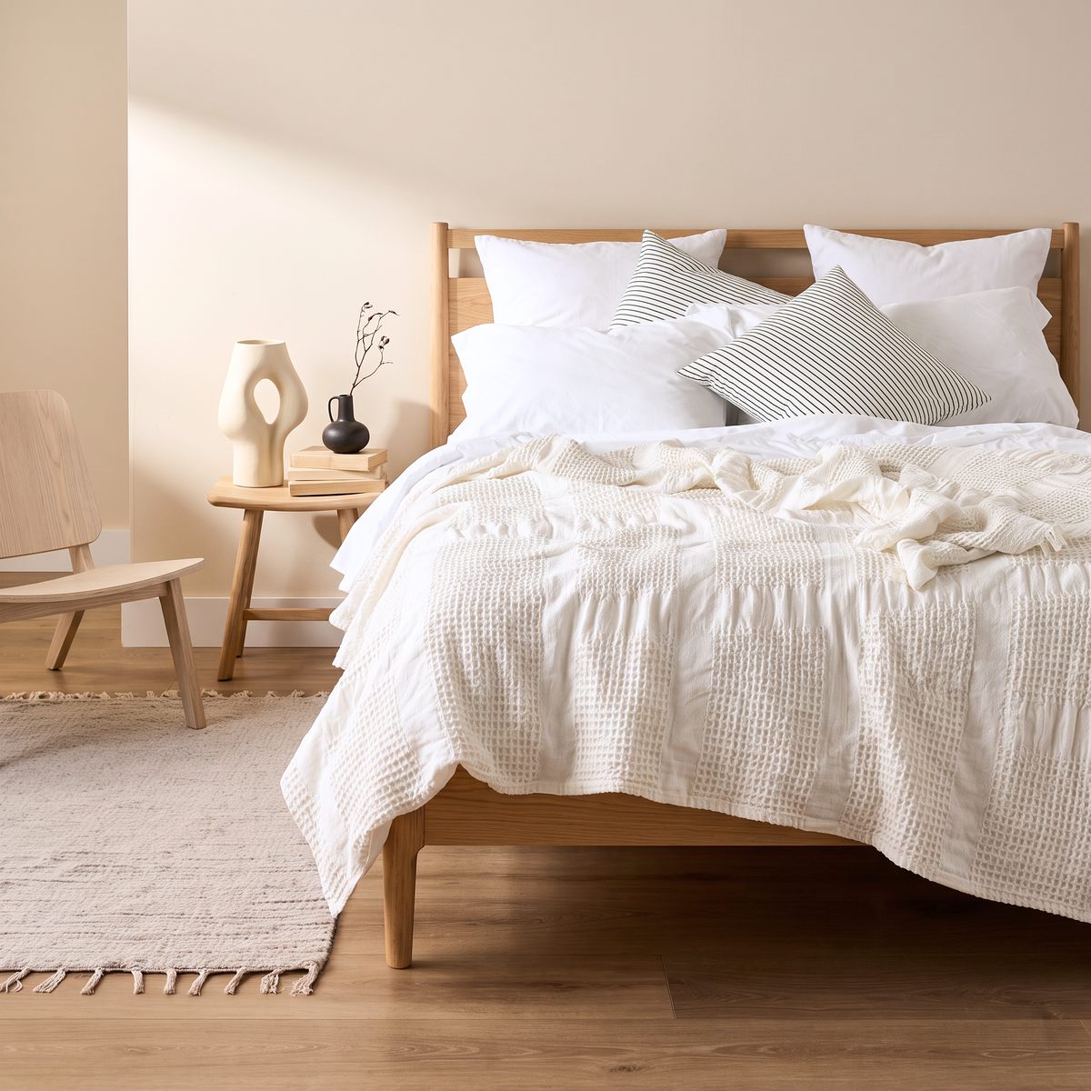 Soft Waffle Blanket with Fringes in Ivory
