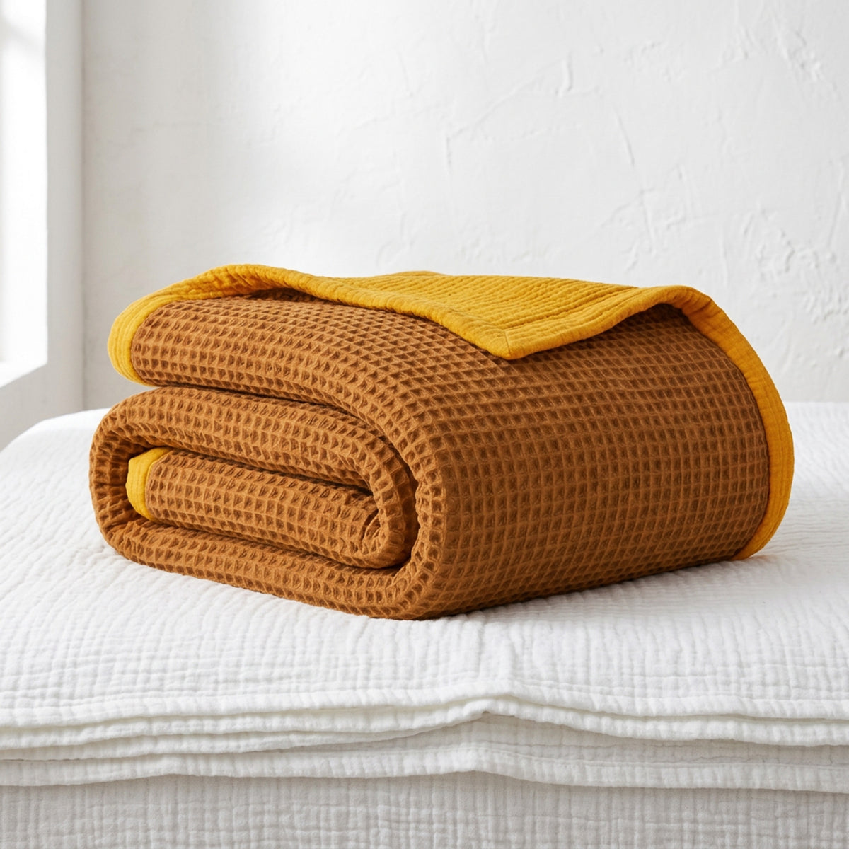 Organic Waffle and Muslin Blanket – Double Sided - Mustard Camel