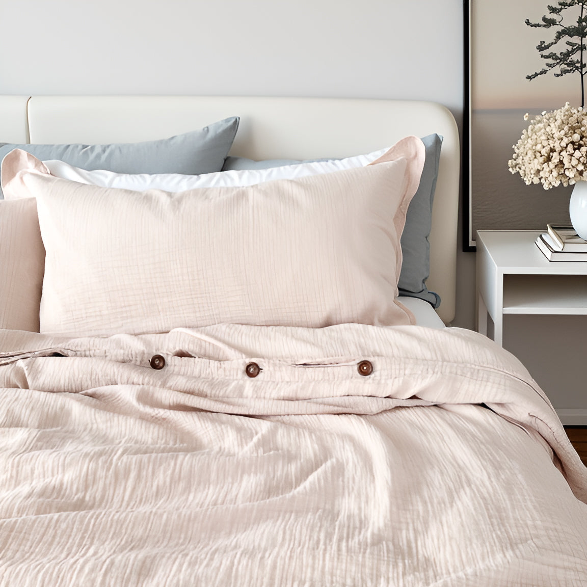 Neatly made bed with light beige bedding and pillows in a bedroom setting.