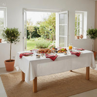 Dining room with a table set with red linen napkins for a meal, large windows, and a garden view.