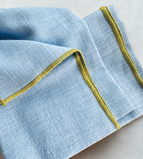 Sky Blue Cotton Napkin with Handcrafted Green Edges