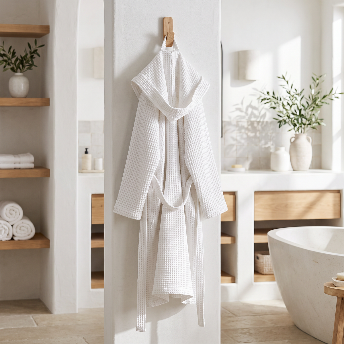 White Organic Waffle Hooded Bathrobe