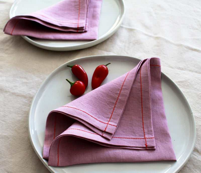 Woodrose Linen Napkin Set with Red Stitch