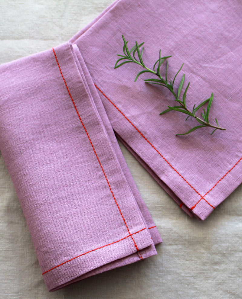 Woodrose Linen Napkins with Red Stitch, Set of 4, 100% Linen