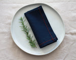 Navy Linen Napkins with Red Stitch, Set of 4