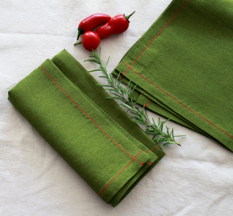 Forest Green Linen Napkin Set with Red Stitch