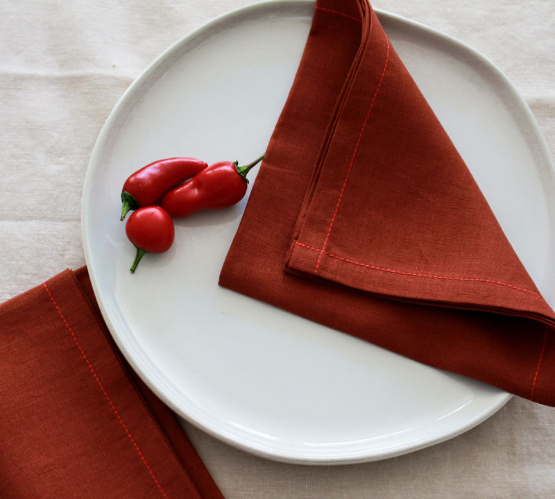 Terracotta Linen Napkins with Red Stitch, Set of 4, 100% Linen