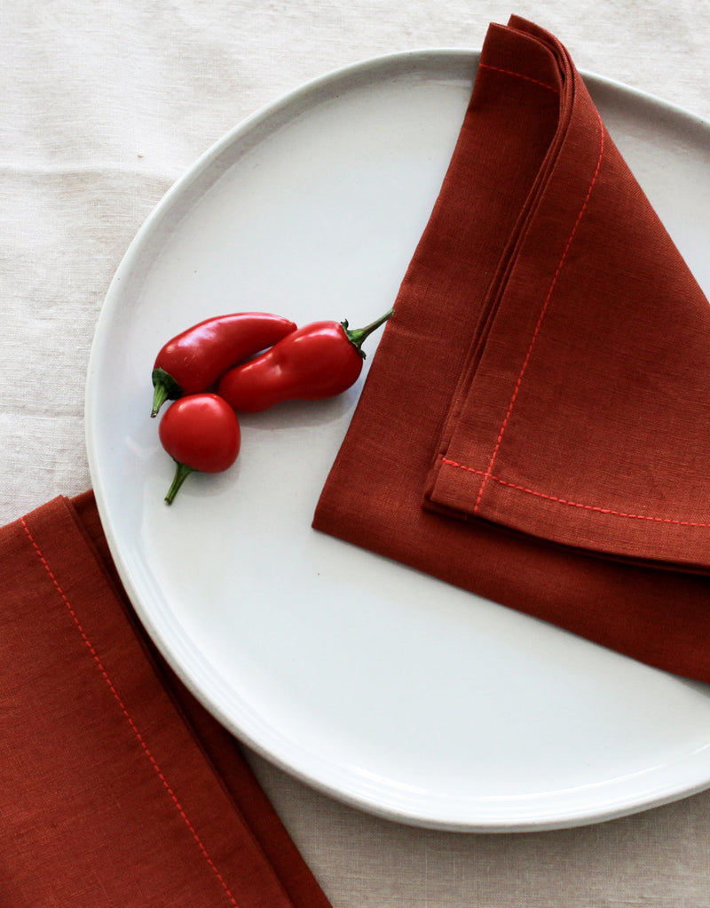 Terracotta Linen Napkins with Red Stitch, Set of 4, 100% Linen