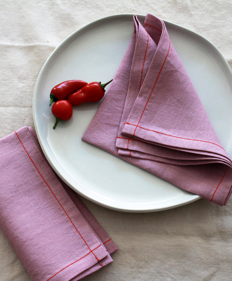 Woodrose Linen Napkins with Red Stitch, Set of 4, 100% Linen