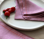 Woodrose Linen Napkins with Red Stitch, Set of 4, 100% Linen