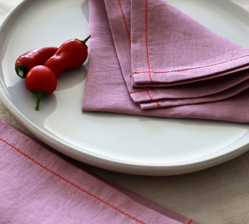 Woodrose Linen Napkins with Red Stitch, Set of 4, 100% Linen
