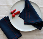 Navy Linen Napkins with Red Stitch, Set of 4