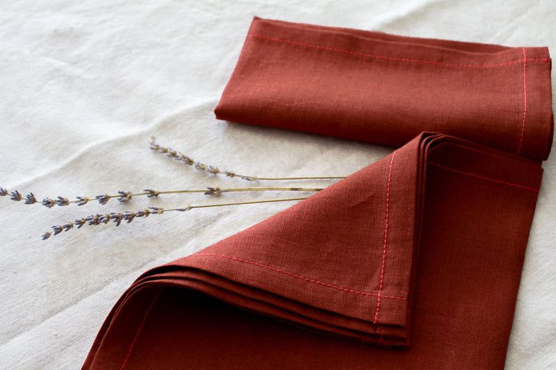 Terracotta Linen Napkins with Red Stitch, Set of 4, 100% Linen