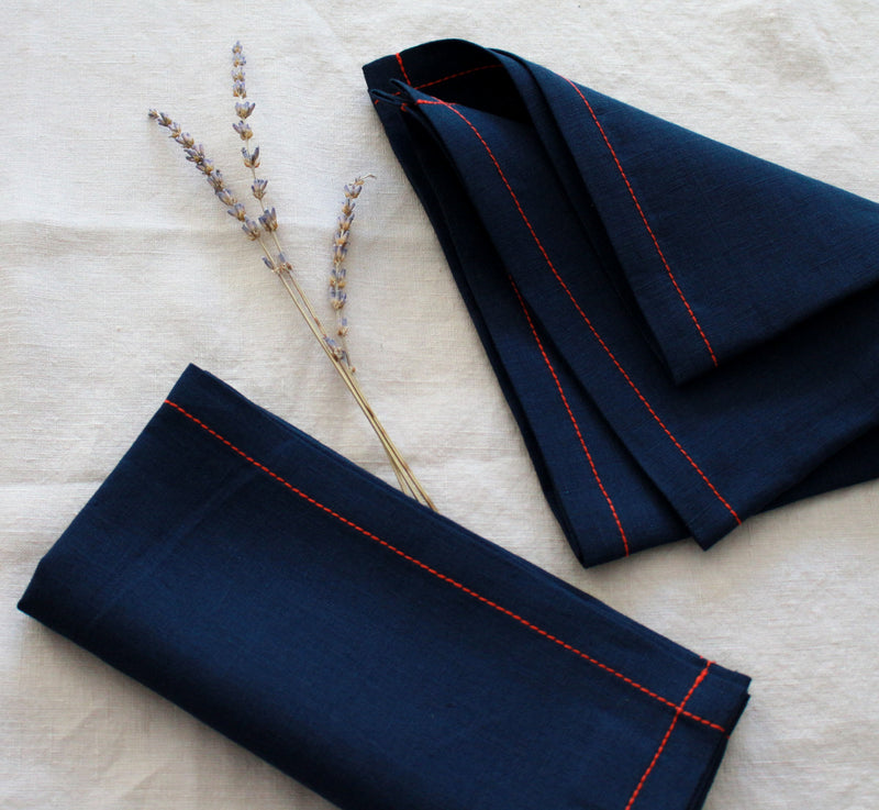Navy Linen Napkins with Red Stitch, Set of 4
