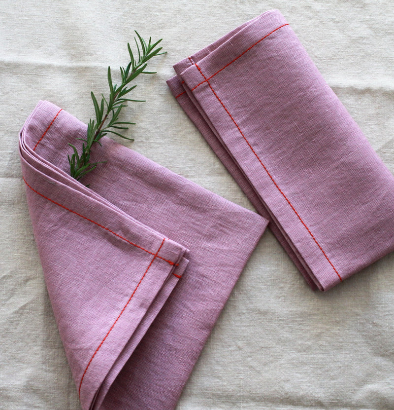 Woodrose Linen Napkins with Red Stitch, Set of 4, 100% Linen