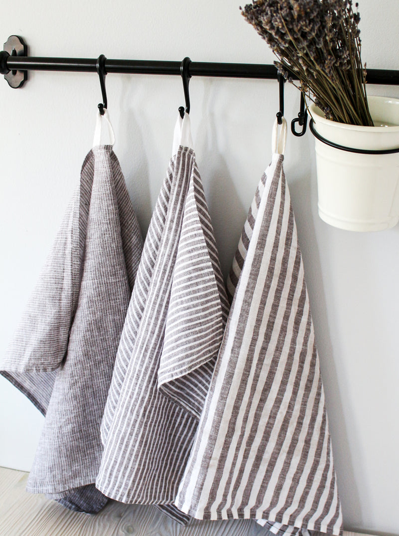 Natural Brown Striped Tea Towels Set of 3 or Single, Cotton Linen Kitchen Towels