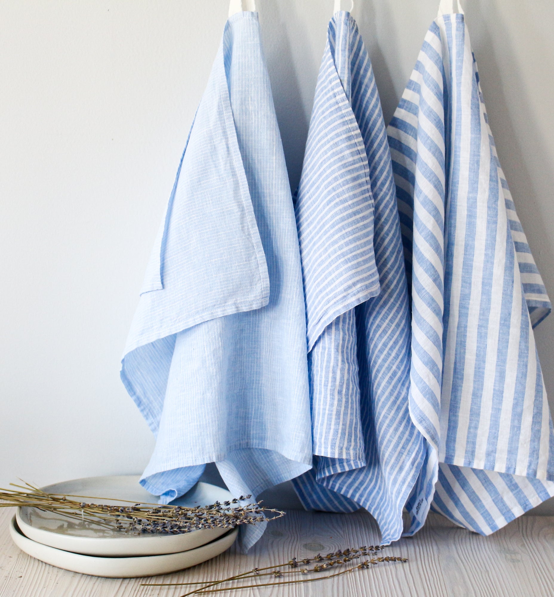 Linen Cotton Tea Towels. Set of 2 Linen Kitchen Towels White, Blue
