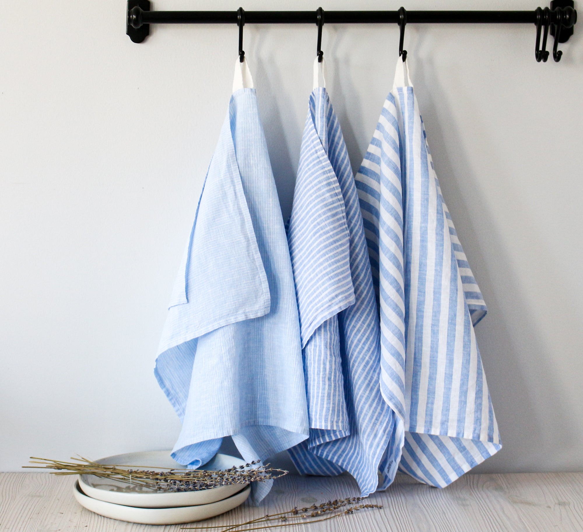 Striped Blue Linen Kitchen Tea Towels Set of 4 