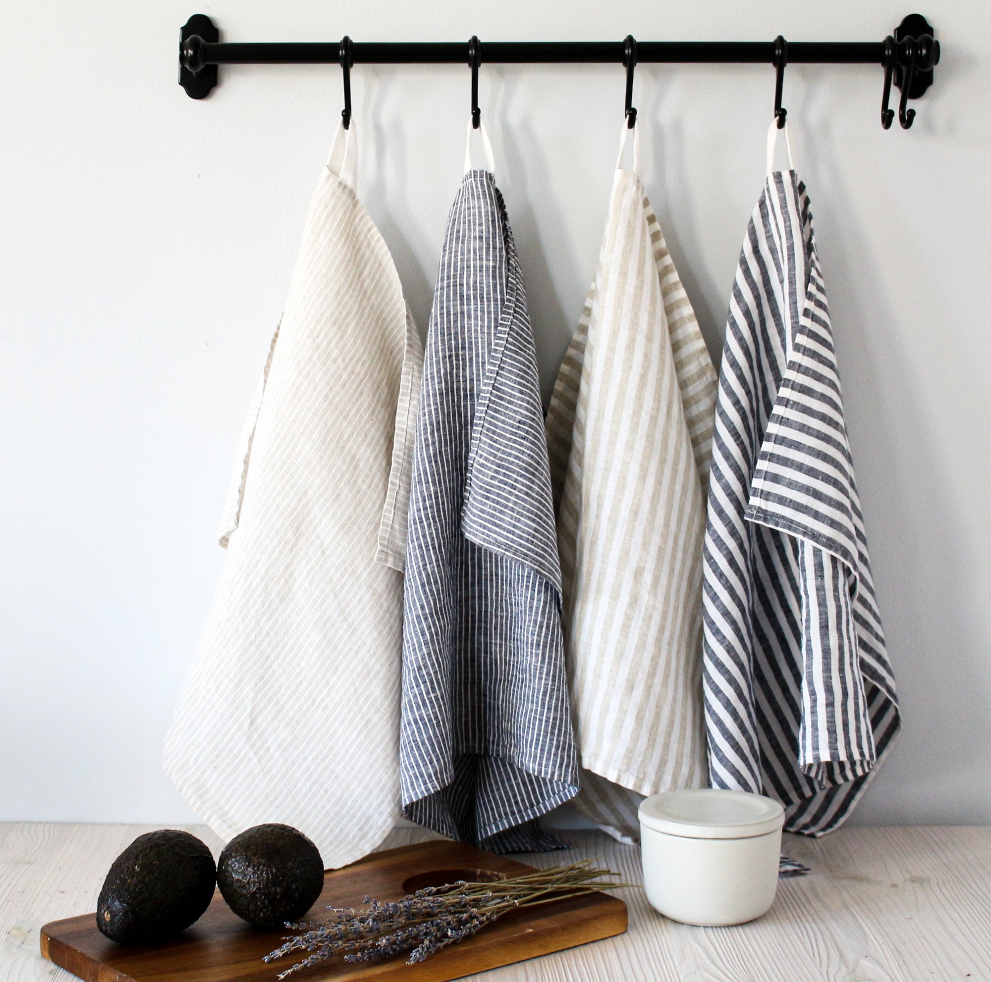 Japanese Linen Kitchen Towel, Grey Thin White Stripe